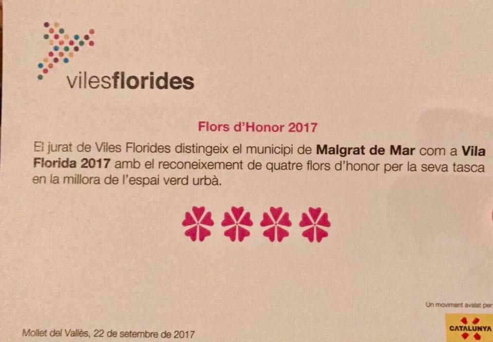 Malgrat de Mar aconsegueix quatre Flors d'Honor dels premis Viles Florides 