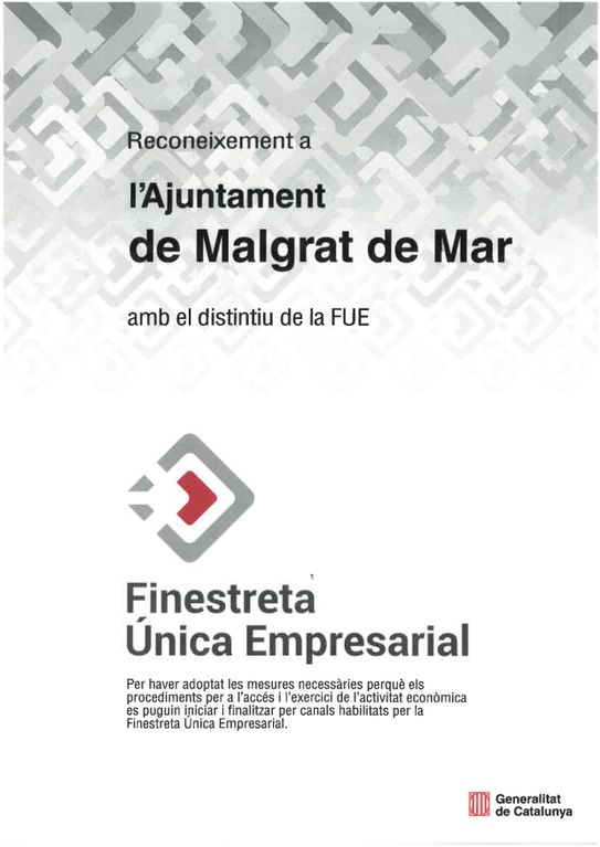 La Generalitat atorga un reconeixement a l'Ajuntament com a Finestreta Única Empresarial