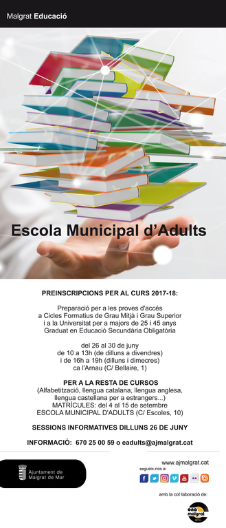 Preinscripcions per a l'Escola Municipal d'Adults a partir de dilluns 
