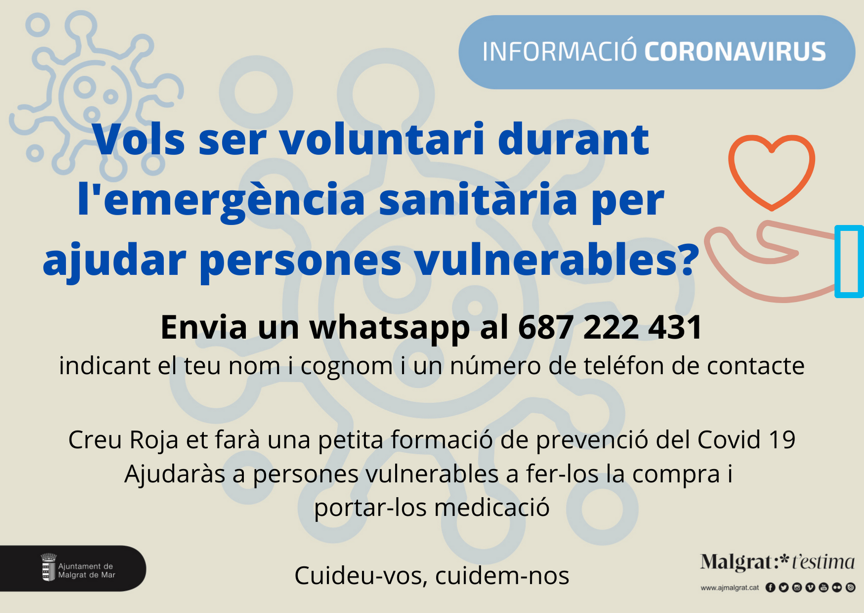 L'Ajuntament posa en marxa una borsa de voluntaris per ajudar a persones vulnerables durant l'emergència sanitària 
