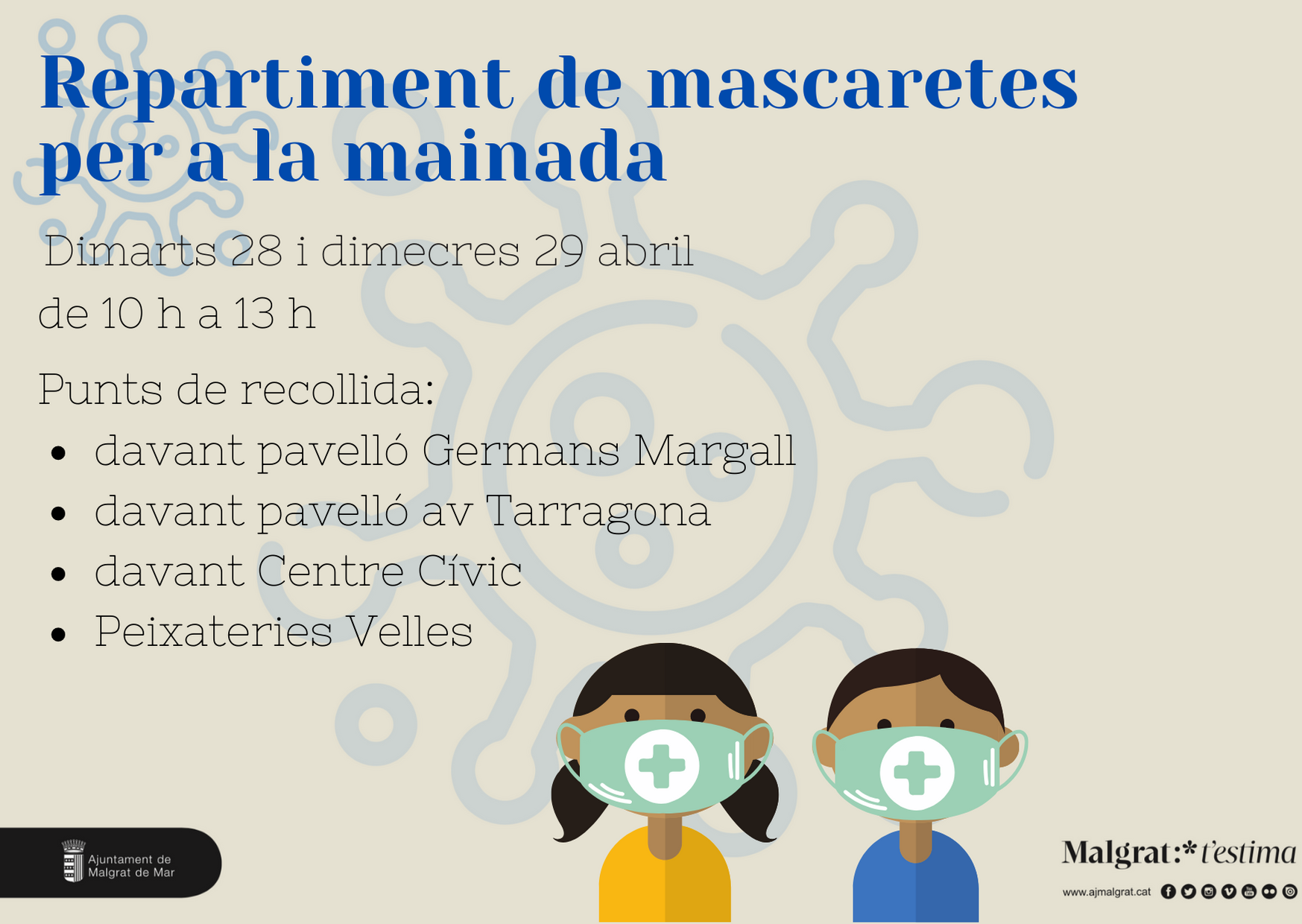 Repartiment de mascaretes per a la mainada demà dimarts i dimecres