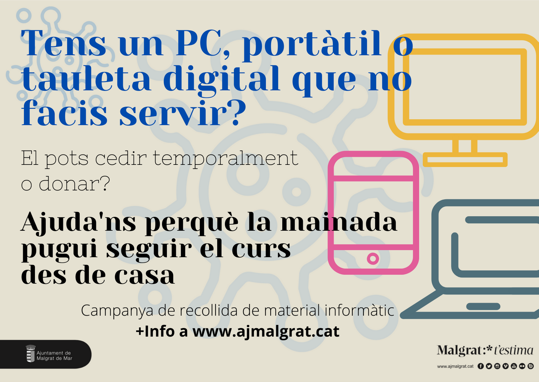 Campanya de recollida d'equipament informàtic perquè la mainada pugui seguir el curs escolar des de casa