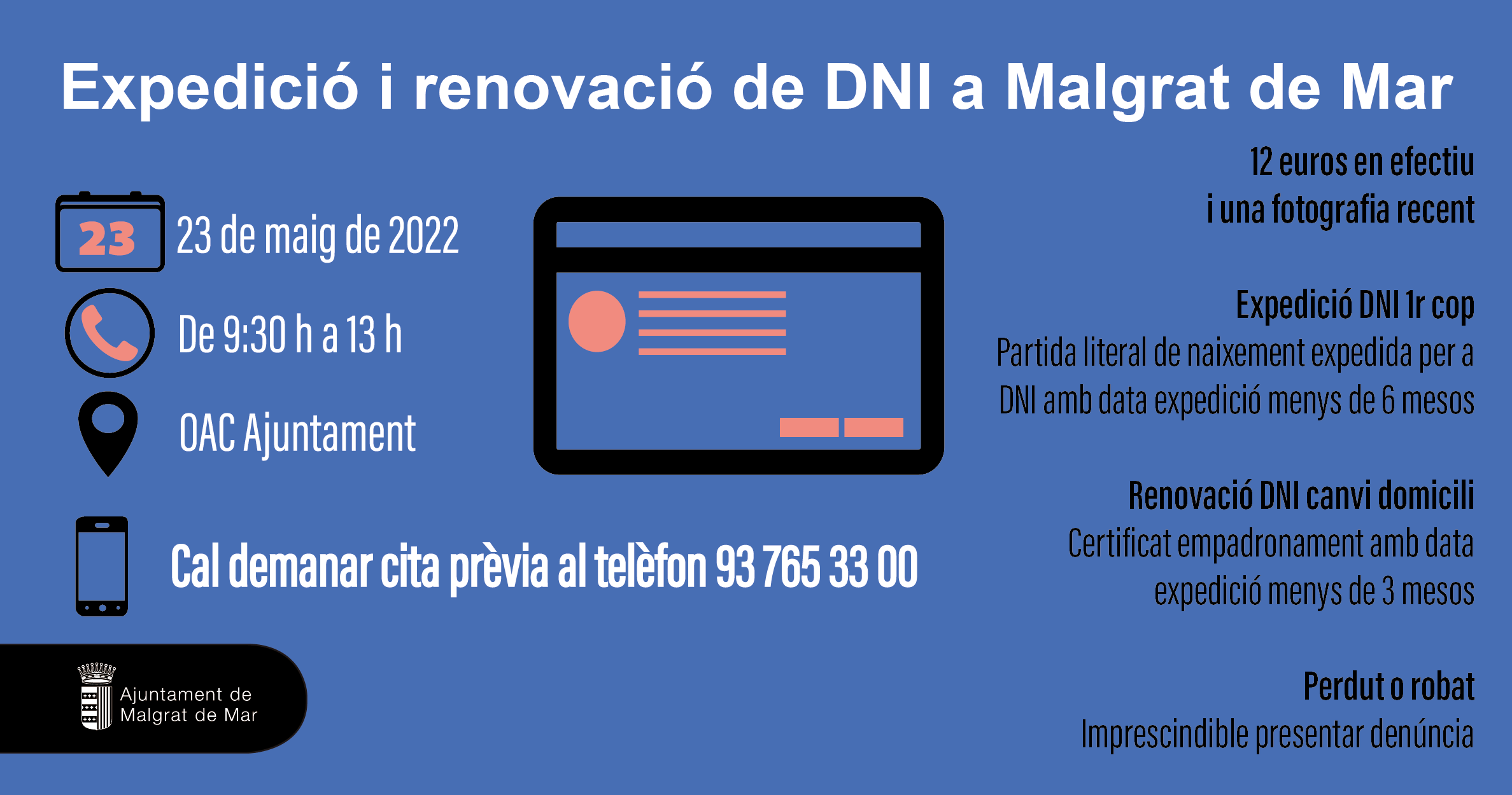 Expedició o renovació del DNI a l'Ajuntament, el pròxim 23 de maig