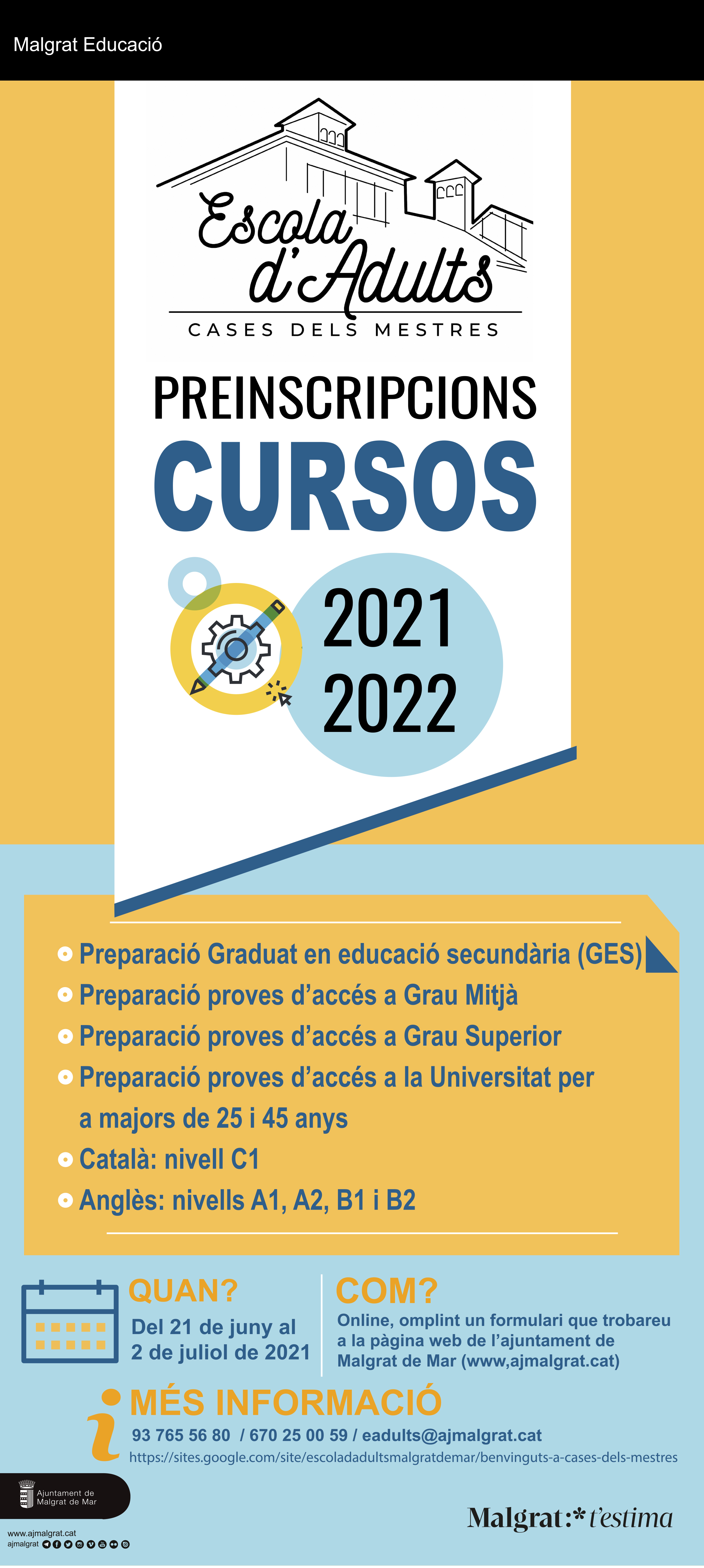 Preinscripcions per al pròxim curs de l'Escola Municipal d'Adults, del 21 de juny al 2 de juliol