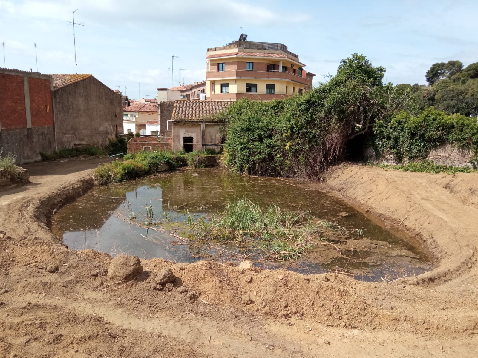 Imatge del Molí de la Sala des de la part de darrere la bassa. Foto: AjMalgrat. 