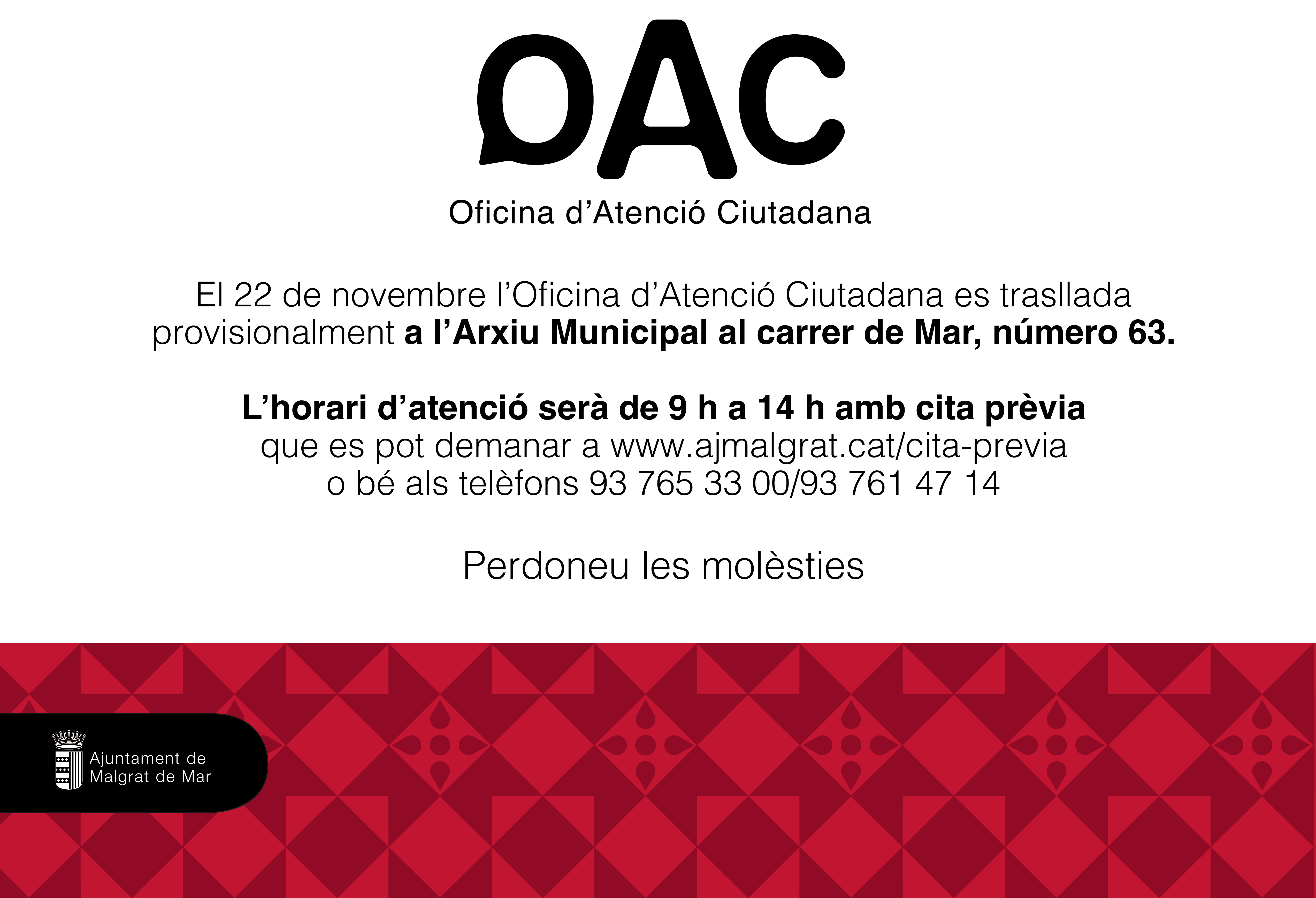 L'OAC es trasllada provisionalment a l'Arxiu Municipal a partir del 22 de novembre 