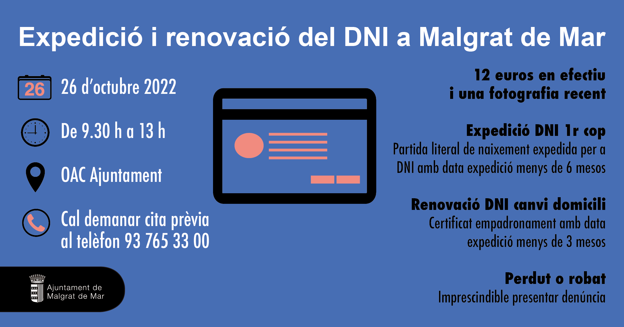 Expedició o renovació del DNI a l'Ajuntament, el pròxim 26 d'octubre