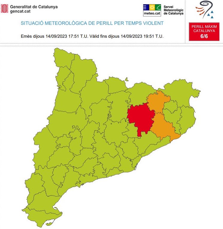 Activada l'alerta del pla Inuncat per la previsió de pluges intenses aquesta tarda i nit