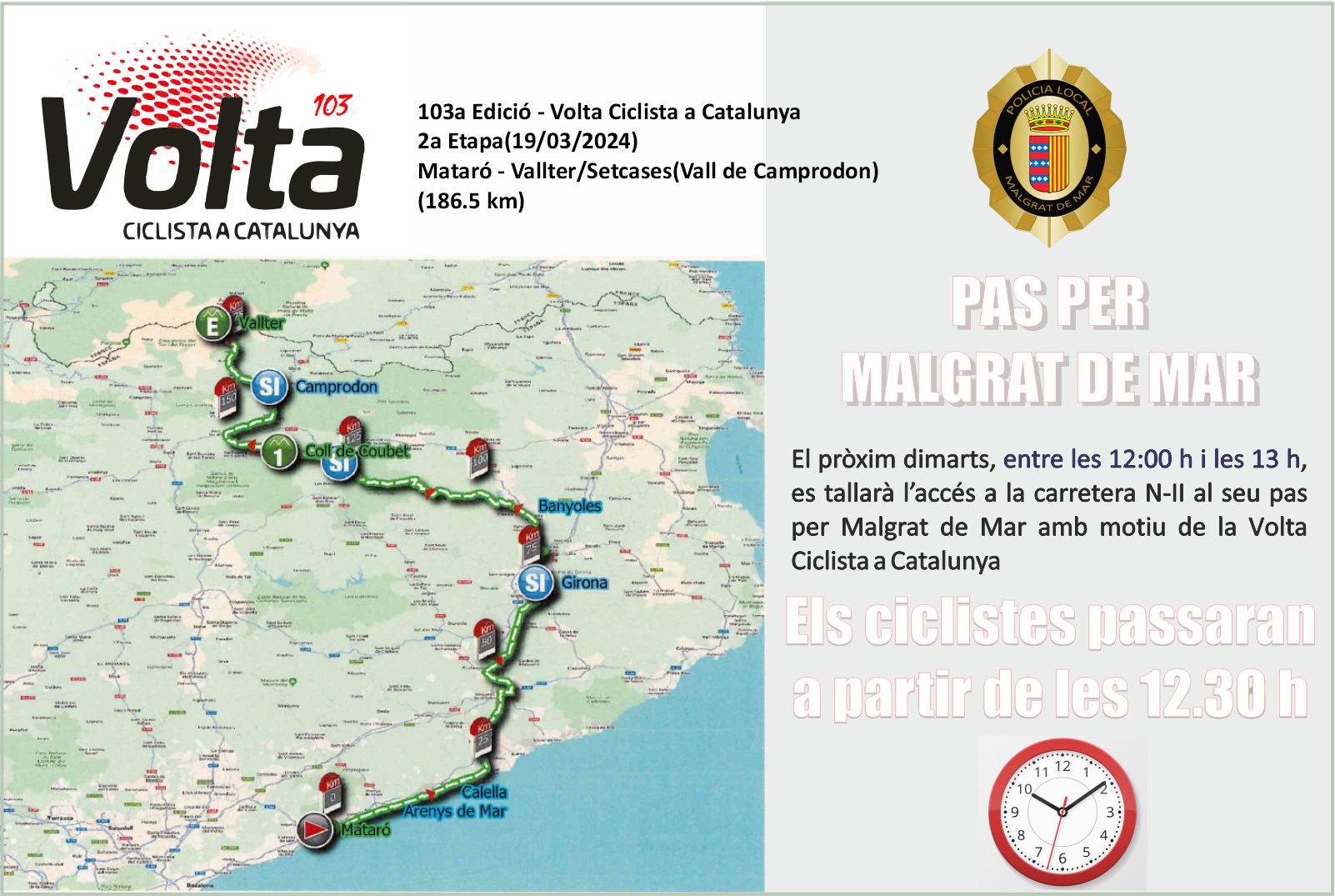 La Volta Ciclista passarà per Malgrat el 19 de març i es tallarà l'N-II des de les 12 h i fins a les 13 h