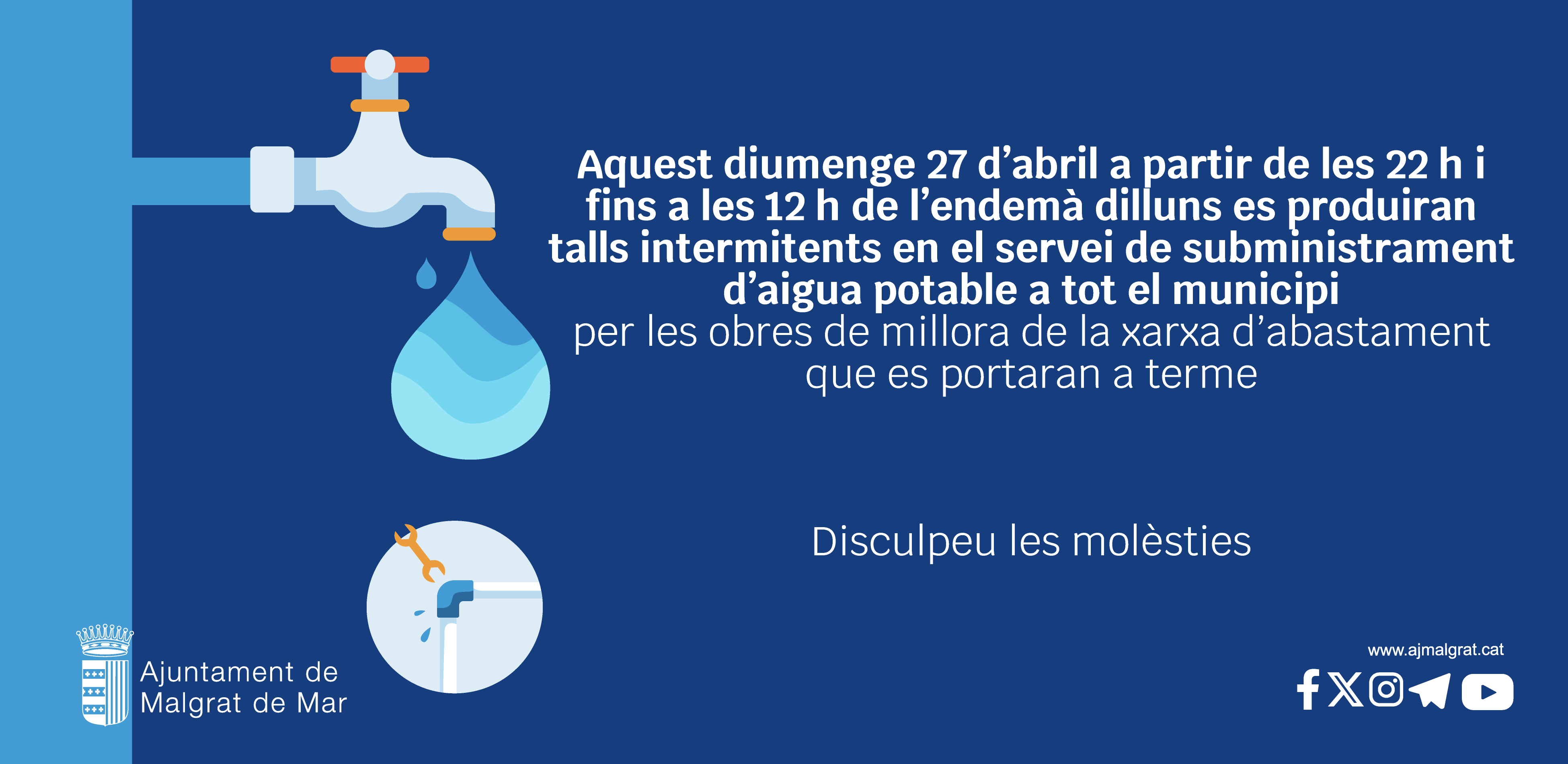 Unes obres de millora de la xarxa d'abastament d'aigua provocaran talls en el servei entre diumenge i dilluns 